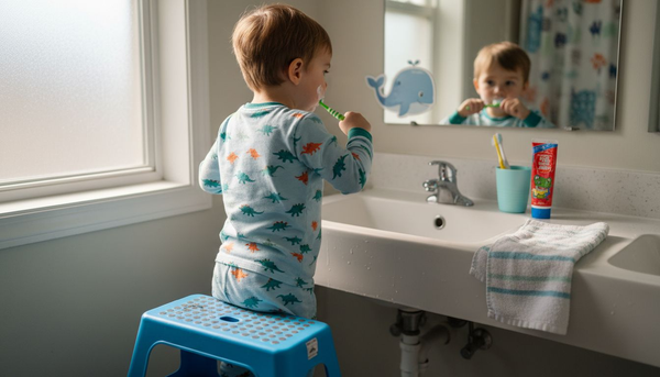 Child brushing teeth at personalized bathroom sink