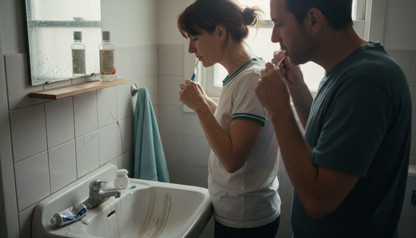 Couple brushing and flossing in bathroom
