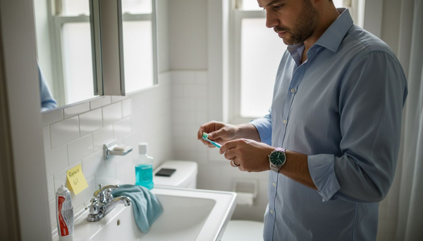 Man checking toothbrush bristles in city apartment