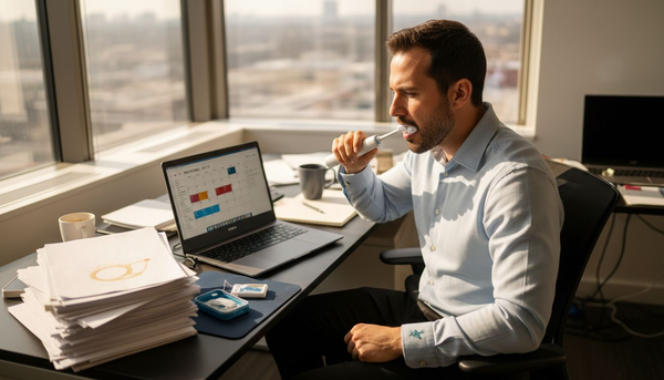 Man brushing teeth at office desk