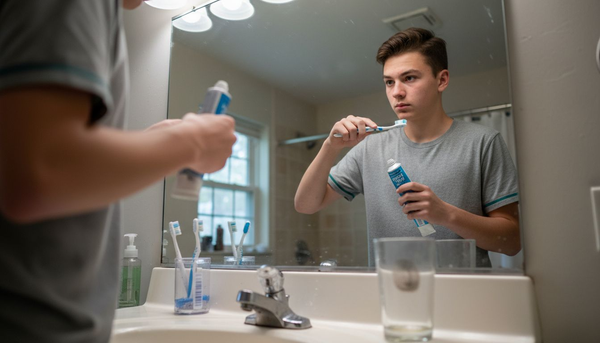 Teen brushing teeth, inspecting toothbrush