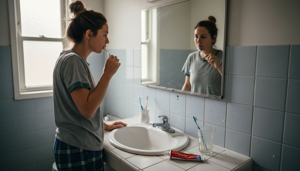 Woman brushing teeth in home bathroom