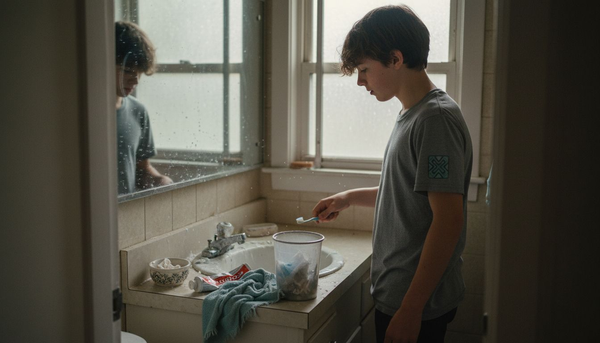 Teen disposing toothbrush in messy bathroom