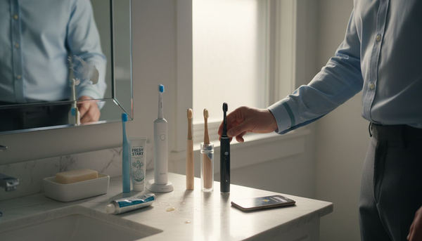 Six different toothbrushes arranged on bathroom counter