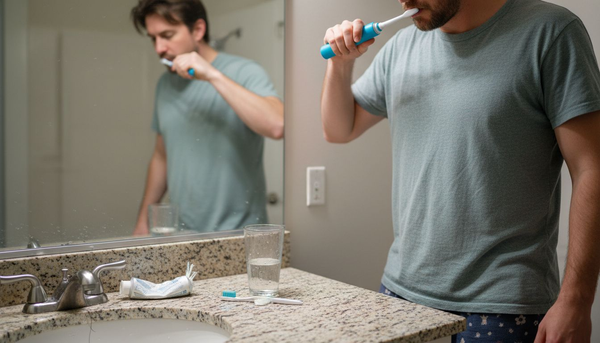 Man using electric toothbrush on cluttered counter