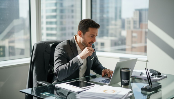 Businessman brushing teeth at office desk