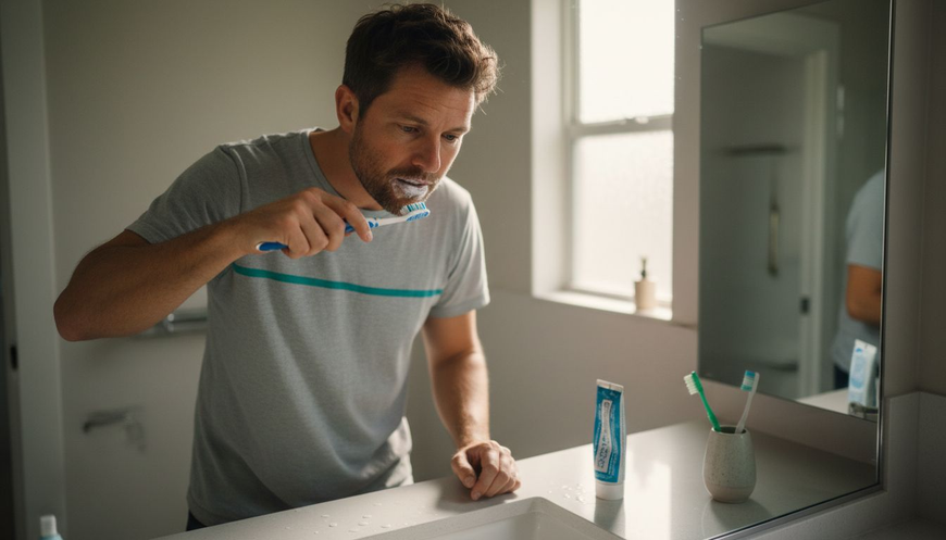 Man brushing teeth in bathroom with sunlight