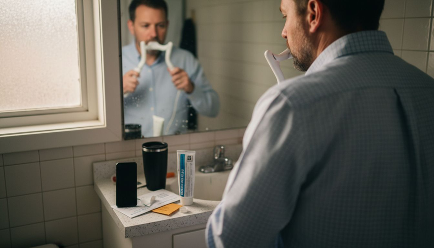 Adult using fast mouthpiece toothbrush in small bathroom