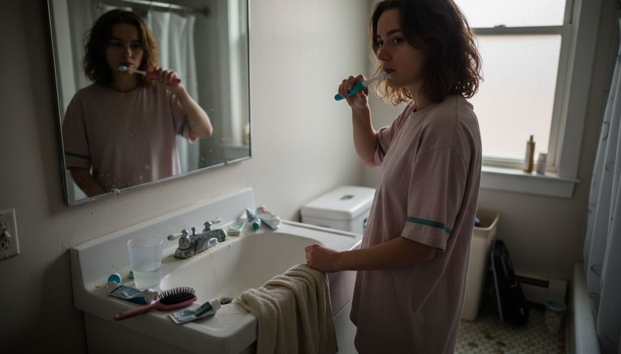 Person using electric toothbrush in bathroom