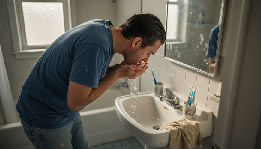 Man rinsing mouth after lunch in bathroom