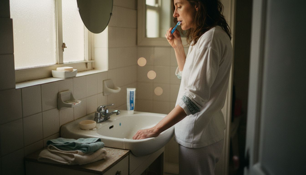 Woman brushing teeth in bathroom morning