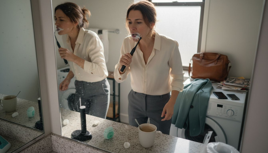 Woman brushing teeth amid busy morning routine