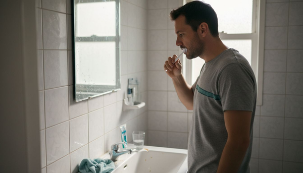 Man brushing teeth at home bathroom sink