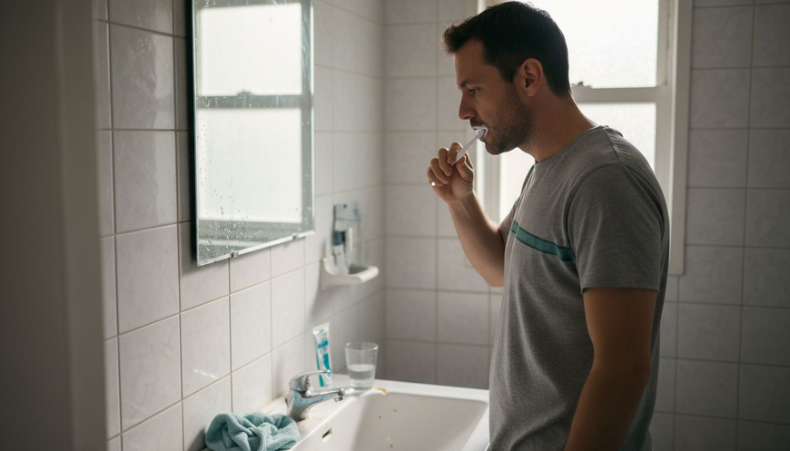 Man brushing teeth at home bathroom sink
