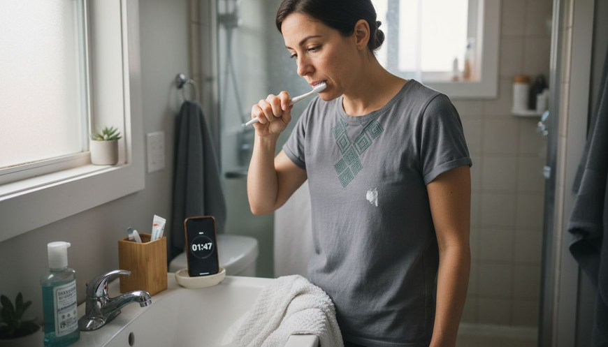Woman timing teeth brushing in bathroom