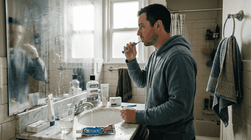 Man holding toothbrush at cluttered bathroom sink