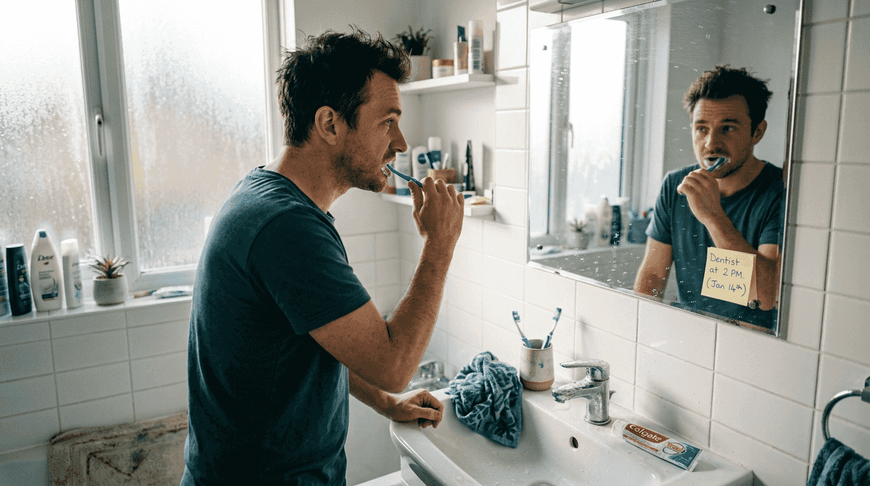 Man brushing teeth in morning bathroom scene