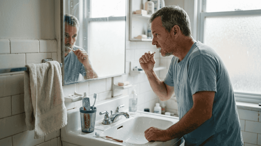 Man brushing teeth with manual toothbrush bathroom