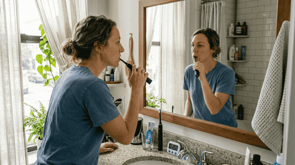 Woman demonstrates proper brushing at sink