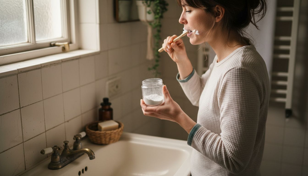 Woman uses bamboo toothbrush in sunlit bathroom