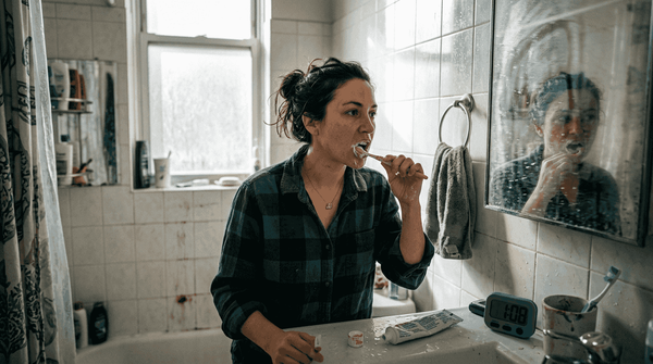 Woman brushing teeth in realistic morning bathroom