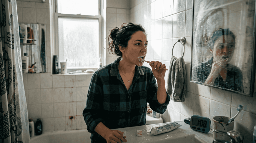 Woman brushing teeth in realistic morning bathroom