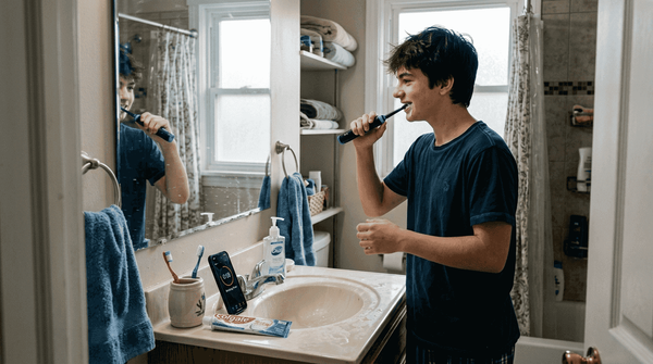Teen brushing teeth at bathroom sink