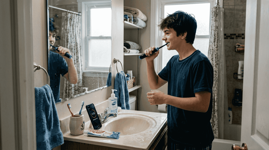 Teen brushing teeth at bathroom sink
