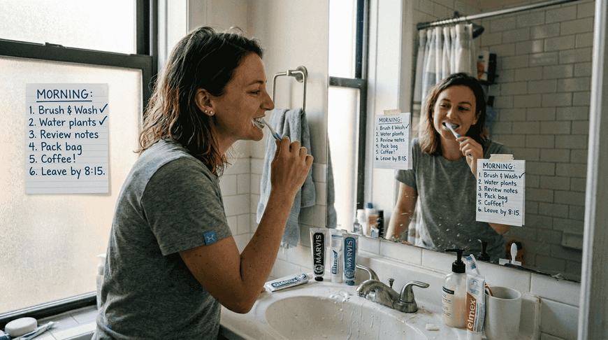 Woman brushing teeth by bathroom checklist