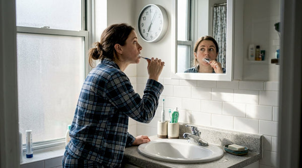 Woman brushing teeth in morning light