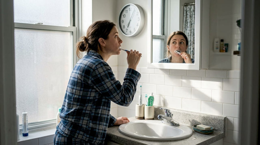 Woman brushing teeth in morning light
