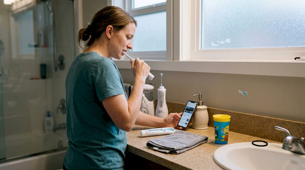 Woman using electric toothbrush with organized tools