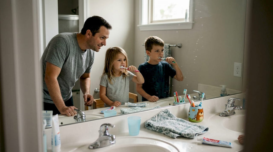 Dad and kids brushing teeth together in bathroom