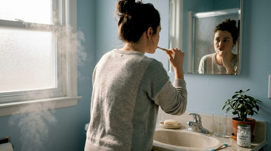 Woman brushing teeth with bamboo toothbrush in everyday bathroom