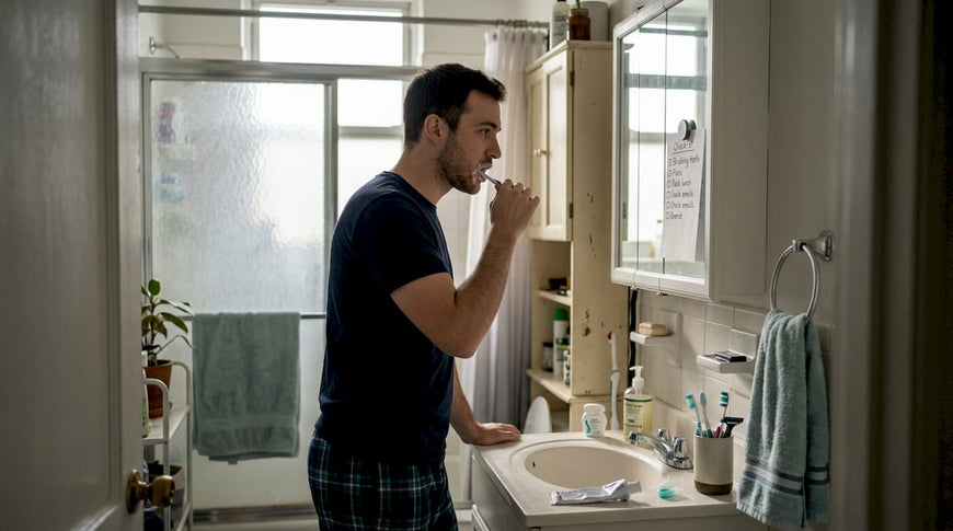 Man brushing teeth using dental checklist