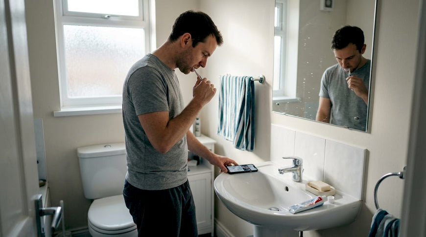 Man brushing teeth in small home bathroom