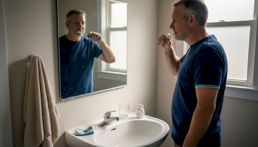 Man uses powered toothbrush in bathroom