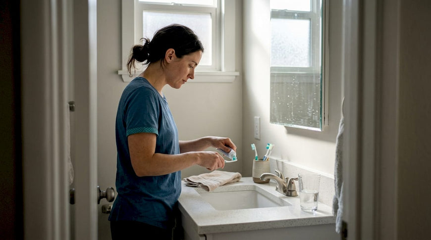 Woman begins daily tooth brushing routine