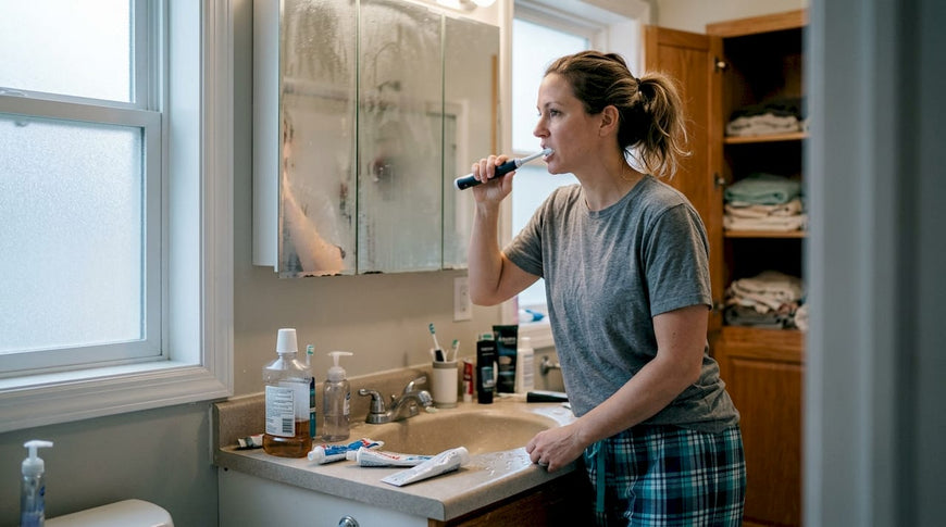 Woman naturally brushing teeth at home sink
