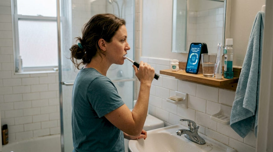 Woman using toothbrush and app in bathroom