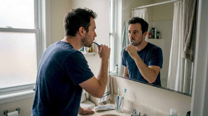 Man brushing teeth with whitening toothpaste in home bathroom