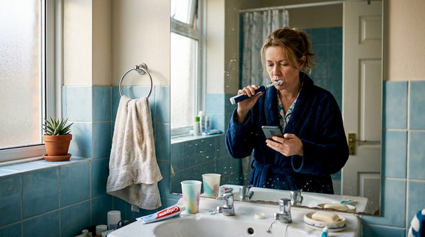 Woman uses electric toothbrush at sink