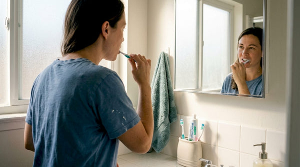 Woman brushing teeth at apartment sink