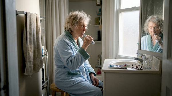 Senior woman brushing teeth at home