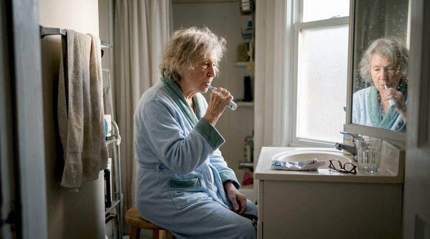 Senior woman brushing teeth at home