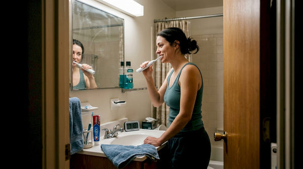 Woman brushing teeth in lived-in bathroom