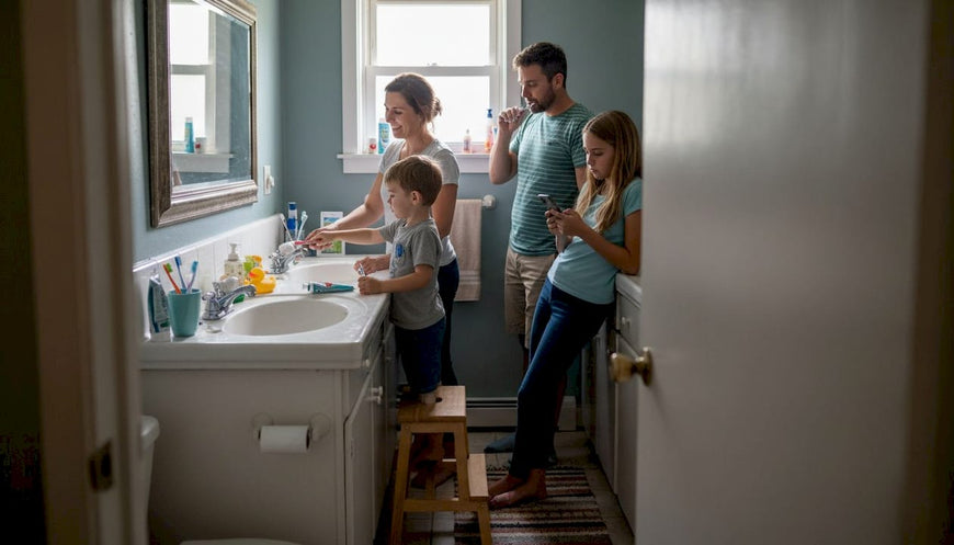 Family brushing teeth in everyday bathroom scene
