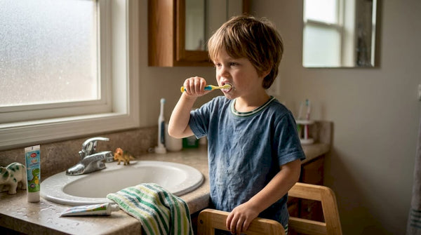 Child brushing teeth in bright family bathroom