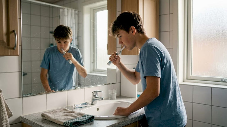 Teen brushing teeth with braces in bathroom
