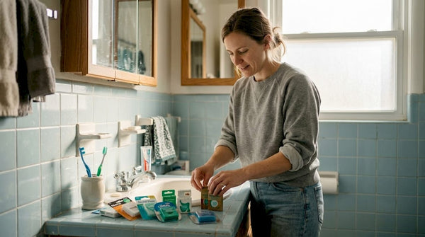 Woman compares dental floss options at sink